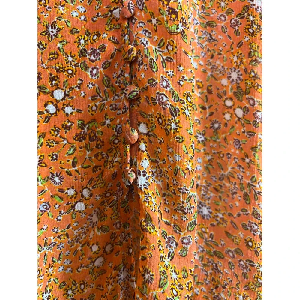 Free People Lela Orange Floral Smocked Yoke Ruffle Neck Tie‎ Blouse S OB1010657
